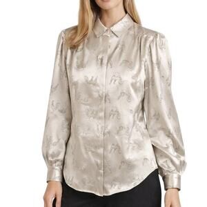 VTG Tess Paris Silk Blouse Tonal Rooster Print Champagne  Rare Eclectic Designer